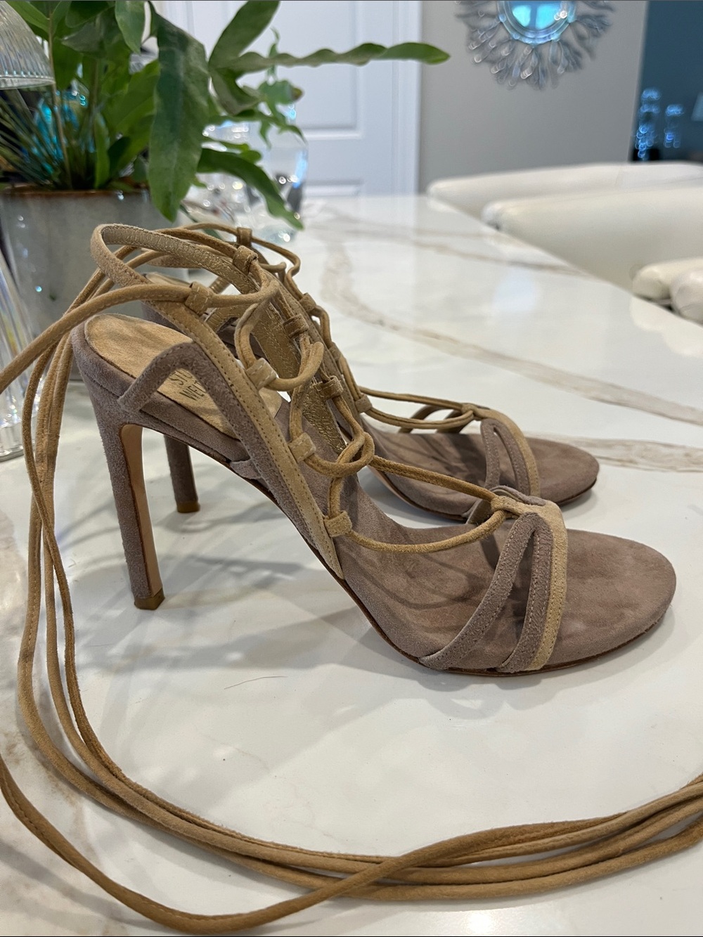 Stuart Weitzman Taupe and Tan Suede Lace-Up 4” Stiletto Heel Sandals